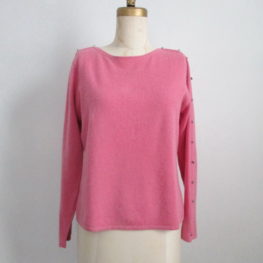 Rose Pink Cashmere Sweater Rhinestone Button Detail on Shoulders and Sleeves